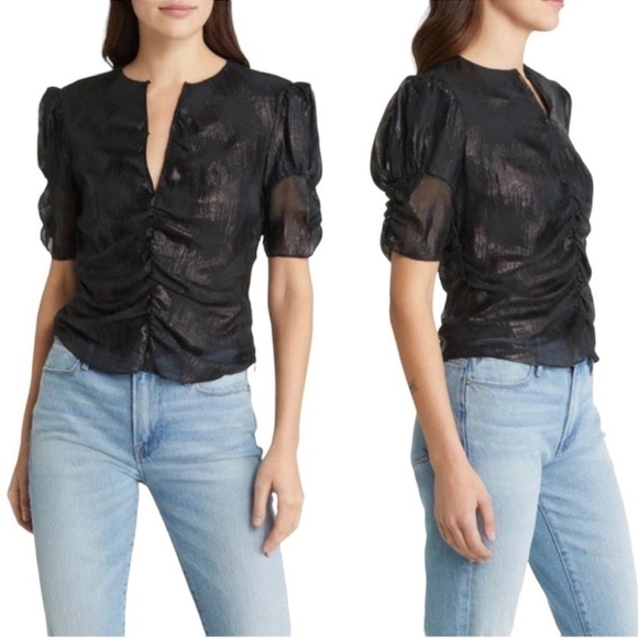 FRAME DENIM Ruched Metallic Jacquard Ruched Puff Short Sleeve Keyhole Blouse Top - Picture 2 of 11